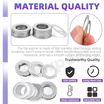 Swpeet 175Pcs 6 Sizes M4 M5 M6 M8 M10 M12 304 Stainless Steel Flat Washers Assortment Kit, Ultra Thin Flat Spacers, Metal Washers Set, Metal Ultra Thin Plain Gasket, Shim Washer for Screw Bolt