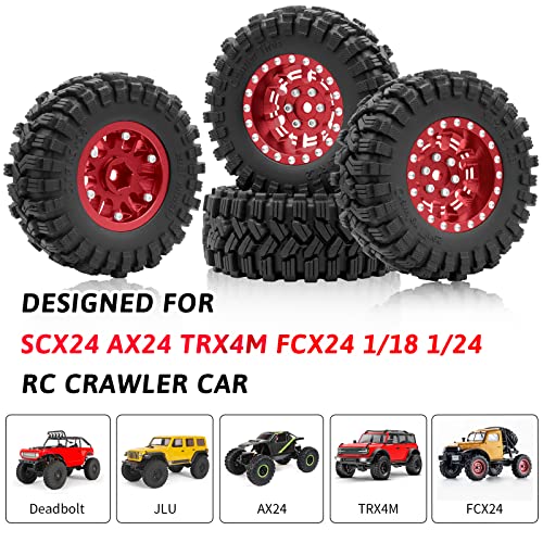OGRC 1.0 Plus (1.2 Inches) Beadlock Wheel and Tires Set 7mm Negative Offset Wheel Rims SS Super Soft Sticky Tires for TRX4M SCX24 FCX24 AX24 1/24 1/18 RC Crawler Car - 62 * 24mm (Red) - color: Red