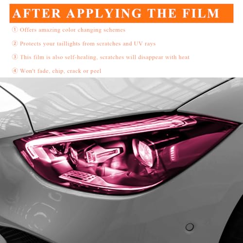Sun Walker Car Light Tint Film, 12 x 48 Inch Waterproof Taillight Wrap Film Roll with Squeegee & Cutter, Self-Adhesive Vinyl Sticker Sheet Roll for Headlights Fog Lights Tail Lights (Pink) - color: Pink