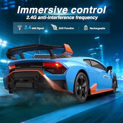 Lamborghini Remote Control Car, 1:24 Scale Officially Licensed Lambo Toy Car, 25KM/H High Speed Fast RC Drift Car with LED Light 2.4GHz Model Cars for Boys Girls Kids Adults Birthday Ideas Gift - color: Blue