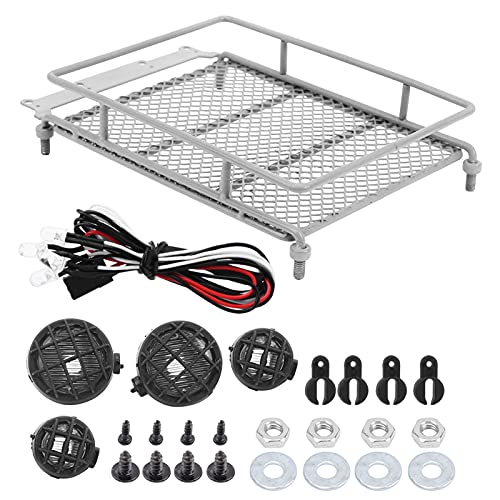 RC Crawler Roof Rack, Metal Luggage Carrier with LED Light, Simulation Accessories, Silver for Off-Road RC Cars and Trail Exploration Enthusiasts - color: Silver
