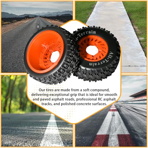 1/10 Short Course Truck Wheel Tires Set - 12mm/17mm Hex, Orange | All-Terrain Tires and Nylon Wheels Compatible with 1/10 Traxxas Slash 4WD 2WD Arrma Senton Axial Losi Redcat RC Buggy, 4-Pack - color: Orange