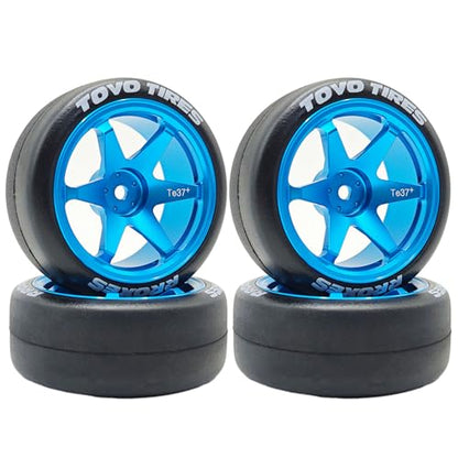 1/10 RC Drift Aluminum Wheels and Tires OD 65mm 1/12 Hard Drift Racing Tyres 12mm Hex for 1:10 Rally Street On Road Touring Car Tamiya TT01 TT02 XV01 TA06 A959 PTG2 KYOSHO 4PCS (Blue) - color: Blue