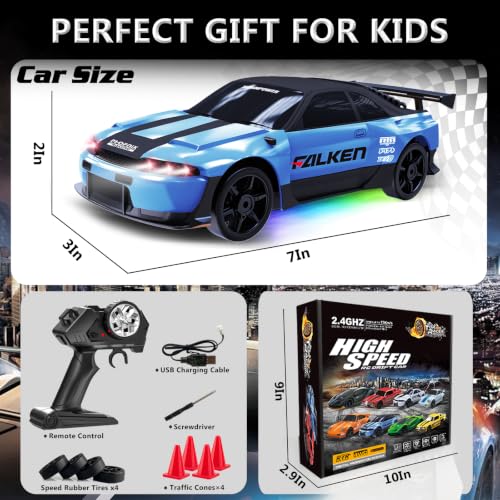 Remote Control Car RC Drift Car 2.4GHz 1:24 4WD 15KM/H High Speed Racing Sport Car with LED Lights Drifting Tire Racing Sport Toy for Adults Boys Girls Kids Gift - color: Blue