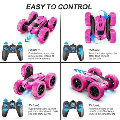 QUNREDA RC Cars, Rose Remote Control Car for Girls, 2.4 GHZ Double Sided RC Stunt Car 360° Rotating Remote Control Crawler with Headlights Car Toys for 6 7 8 9 10 11 12 Girls Birthday Gift - color: Rose