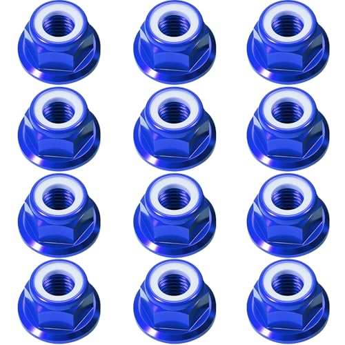 12Pcs M4 Flange Nuts Aluminum, M4-0.7mm Hex Flange Nylon Insert Lock Nuts for 1/10 Scale RC Car Traxxas Slash 4x4 2WD Stampede VXL Rustler VXL HPI Redcat Axial Racing Truck Buggy Crawler Wheels Blue - color: Blue, size: 12Pcs