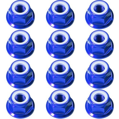 12Pcs M4 Flange Nuts Aluminum, M4-0.7mm Hex Flange Nylon Insert Lock Nuts for 1/10 Scale RC Car Traxxas Slash 4x4 2WD Stampede VXL Rustler VXL HPI Redcat Axial Racing Truck Buggy Crawler Wheels Blue - color: Blue, size: 12Pcs