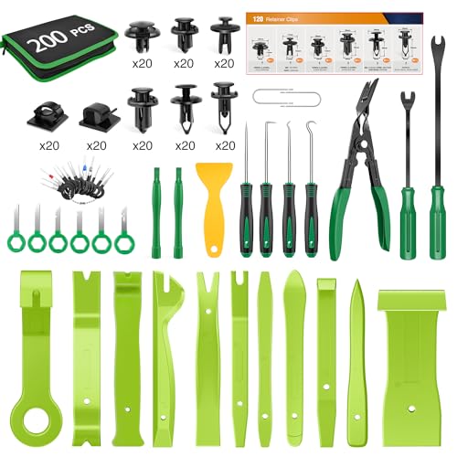 GOOACC 200Pcs Trim Removal Tool, Auto Push Pin Bumper Retainer Clip Set Fastener Terminal Remover Tool Adhesive Cable Clips Round Handle Crowbar Kit Car Panel Radio Removal Auto Clip Pliers, Green - color: 200Pcs Clips Removal Kit Green