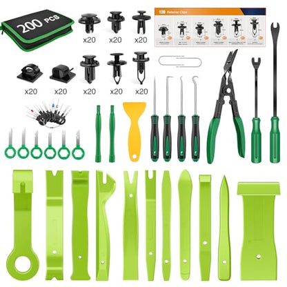 GOOACC 200Pcs Trim Removal Tool, Auto Push Pin Bumper Retainer Clip Set Fastener Terminal Remover Tool Adhesive Cable Clips Round Handle Crowbar Kit Car Panel Radio Removal Auto Clip Pliers, Green - color: 200Pcs Clips Removal Kit Green
