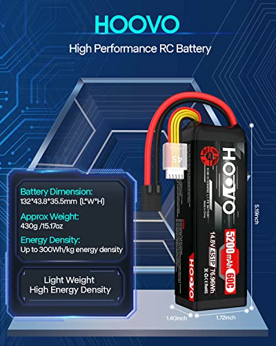 HOOVO 14.8V 5200mAh 60C 4S Lipo Battery with Connector for RC Helicopter RC Airplane Quadcopter Drone RC Boat