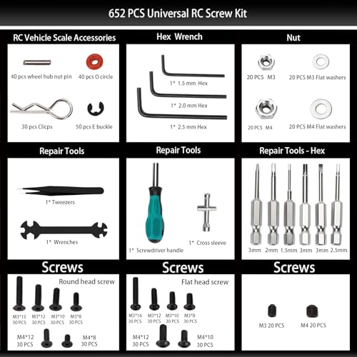 RC Car Repair Work Stand 652 PCS Screw Kit RC Repair Kit Universal RC Screw Set for Arrma Redcat Traxxas Axial HPI Losi 1/8 1/10 1/12 1/16 Scale RC Cars Trucks Crawler - style: Black RC Kit