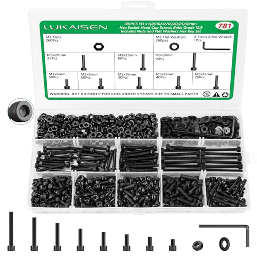 781PCS M3 Screw Assortment Kit, 12.9 Alloy Steel Hex Socket Cap Bolts | M3 X 6/8/10/12/16/20/25/30mm,With Nuts & Flat Washers & Lock Washers & Wrench, Black Zinc Plated ,for 3D Printing, DIY, Home - size: M3 781pcs 3