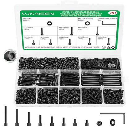 781PCS M3 Screw Assortment Kit, 12.9 Alloy Steel Hex Socket Cap Bolts | M3 X 6/8/10/12/16/20/25/30mm,With Nuts & Flat Washers & Lock Washers & Wrench, Black Zinc Plated ,for 3D Printing, DIY, Home - size: M3 781pcs 3