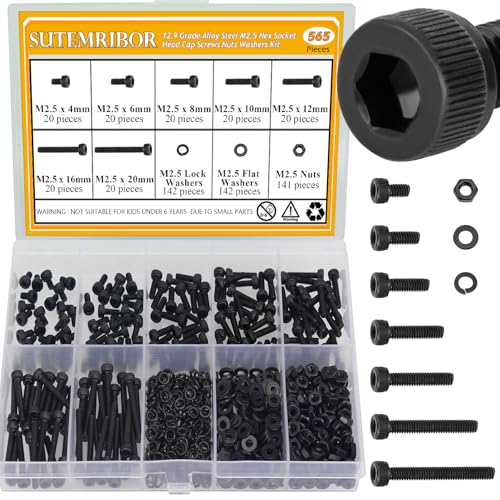 565 Pieces M2.5 Screws Nuts Washers Set Black, Sutemribor M2.5 x 4/6/8/10/12/16/20mm Hex Socket Head Cap Screws Nuts Washers Assortment Kit, 12.9 Grade Alloy Steel, Fully Threaded - size: M2.5, style: Socket Head