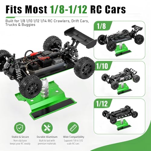 RC Car Repair Work Stand Lift Lower Adjustable Workstation Aluminum 360 Degree Rotation for 1/8 1/10 1/12 RC Car Traxxas Slash TRX4 Arrma Axial SCX10 Losi Redcat Wltoys RC Crawler Monster Truck Buggy - color: Lift Lower Green