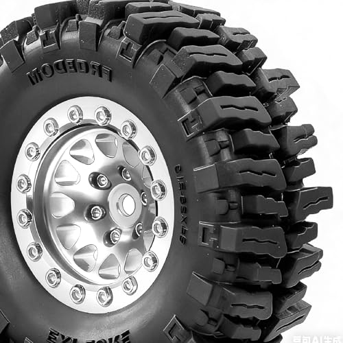 REDSPIDER RC 1.3inch Beadlock Wheels and Crawler Tires 64mm * 26mm Mud Slingers X Super Soft Sticky Tyres For RC 1/24 1/18 Scale Crawler TRX4M SCX24 FCX24 FCX18 (Silvery) - color: Silvery