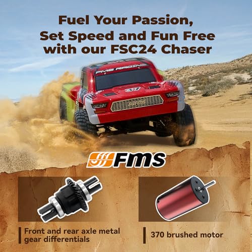 FMS FSC24 Chaser 1/24 RC Car 4X4 Off-Road High-Speed Short-Course Truck, 2 Speed Transmission, Brushless-Ready and 30-Minute Runtime，2.4GHz Electric Vehicle Toys Gifts for Adults (Red) - color: Red