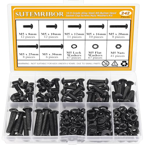 242 Pieces M5 Screws Nuts Washers Set Black, Sutemribor M5 x 8/10/12/16/20/25/30mm Button Head Socket Cap Screws Nuts Washers Assortment Kit, 10.9 Grade Alloy Steel, Fully Threaded - size: M5 x 8-30mm, style: Button Head