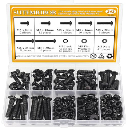 242 Pieces M5 Screws Nuts Washers Set Black, Sutemribor M5 x 8/10/12/16/20/25/30mm Button Head Socket Cap Screws Nuts Washers Assortment Kit, 10.9 Grade Alloy Steel, Fully Threaded - size: M5 x 8-30mm, style: Button Head