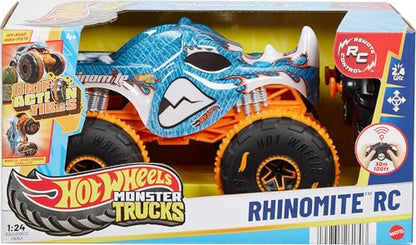 Hot Wheels RC Monster Trucks Rhinomite in 1:24 Scale, Remote-Control Toy Truck, All-Terrain Capabilities with Grip Action Tires, Full-Function RC - style: Rhinomite