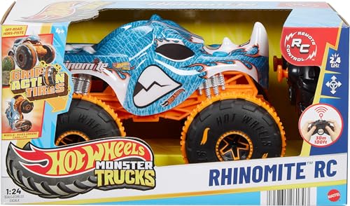 Hot Wheels RC Monster Trucks Rhinomite in 1:24 Scale, Remote-Control Toy Truck, All-Terrain Capabilities with Grip Action Tires, Full-Function RC - style: Rhinomite