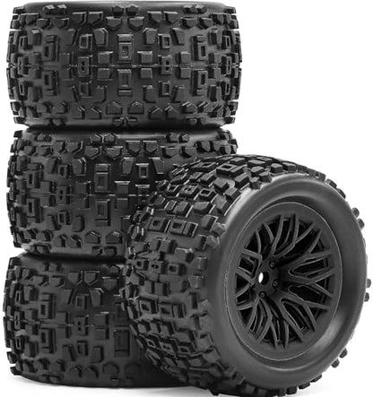 Pre-Glued 1/16 & 1/18 RC Monster Truck Tires, Soft Rubber Tire and Nylon Wheels Rims with 12mm hex Compatible with ARRMA 1/18 Granite/Typhon Grom, WLtoys A949, MJX Hyper Go H16 RC Buggy, 4PCS (Black) - color: Black