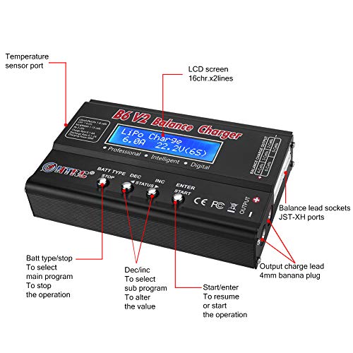 LiPo Battery Charger RC Car Balance Charger, 1S-6S Digital Discharger Battery Pack Charger 80W 6A for Li-ion Life NiCd NiMH LiHV PB Smart Battery,Deans Connectors + Power Supply