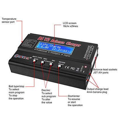 LiPo Battery Charger RC Car Balance Charger, 1S-6S Digital Discharger Battery Pack Charger 80W 6A for Li-ion Life NiCd NiMH LiHV PB Smart Battery,Deans Connectors + Power Supply