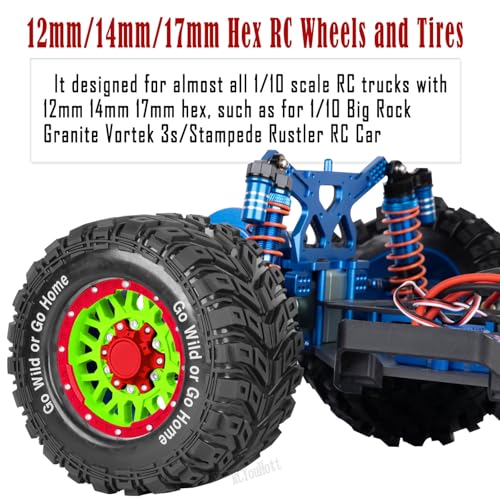 RC Truck Tires Wheel for 1/10 Big Rock Granite Vortek 3s / Stampede Rustler RC Car,4-Pack RC Wheels Tires,Green-Red - color: Green-red- (Rc Tires Wheel)