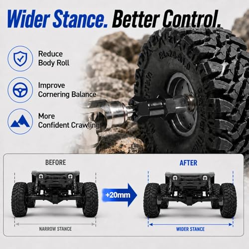 4PCS 12mm Hex Hub 20mm Aluminum Extension Hex for Axial SCX10 D90 90046 | 20mm CNC Wheel Hex Extenders for 1/10 RC Crawlers Redcat Gen7/Gen8 CC01 RC4WD Wider Stance & Tire Clearance with M4 Nuts Pins - color: Black