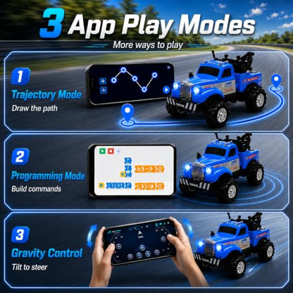 MOONTOY 1:64 Scale Mini Alloy Truck RC Car with LED Lights, 2.4Ghz Remote and App Control Toy Car, 3-Speed Adjustment Pocket Toy Car for Kids 4-8 Years and Adults (Yellow) - color: Yellow