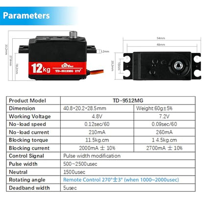 12kg Low Profile Servo 270 Degree 1000-200ues TD-9512 RC Digital Short Body Servo Waterproof Full Metal Gear High Speed for 1/8 1/10 RC Drift Car Helicopter Tail Robot - size: Semi-metal 270°-remote
