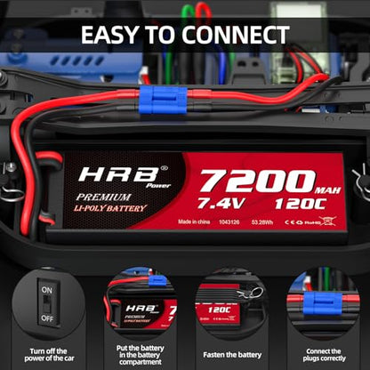 HRB 2PCS 2S 7200mAh Lipo Battery EC5 120C 7.4V Compatible with RC Car