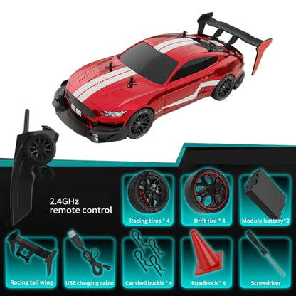 RC Drift Car, 1:14 4WD 40KM/H High Speed RC Racing Car with LED Lights, 2 Batteries, Drifting and Racing Tires for Adults (Red) - color: Red