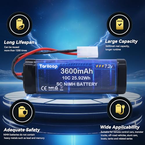 7.2V 3600mAh NIMH Battery Pack - 7.2 Volt RC Rechargeable Batteries with Tamiya Plug Connector for Remote Control Car Monster Trucks Buggy Truggy Boat Tank and Related Series