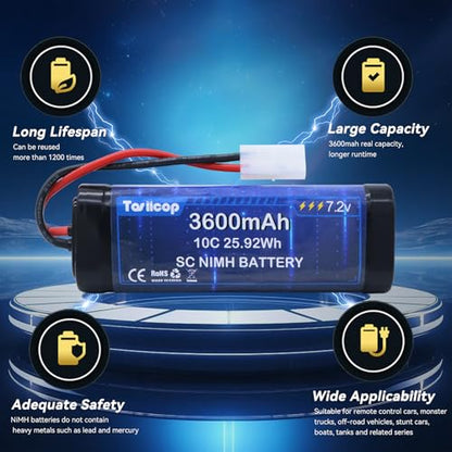 7.2V 3600mAh NIMH Battery Pack - 7.2 Volt RC Rechargeable Batteries with Tamiya Plug Connector for Remote Control Car Monster Trucks Buggy Truggy Boat Tank and Related Series