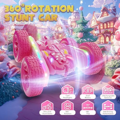 Remote Control Car for Girls, Pink RC Cars Stunt RC Car Girl Toys for Girls Double-Sided 360° Rotating with Headlights 4WD Kid Toys for Birthday Gifts (Pink) - color: Pink