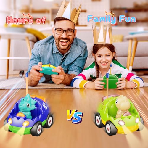 Kidz do 2 Pack Dinosaur Toys Remote Control Cars for Toddlers Ages 2 3 4 5, Christmas Birthday Gifts for 2-5 Year Old Boys, Dinosaur RC Car Toys with Music and Lights (Green Blue) - color: Blue&green