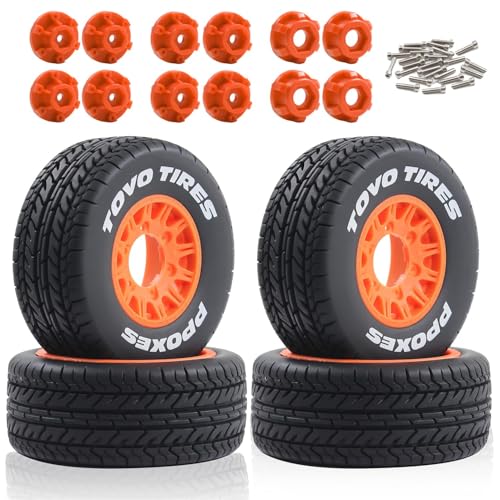 1/10 1/8 RC Short Course Truck Tires OD 4.33" and Wheels 12mm 14mm 17mm Hex for 1:8 1:10 Scale Off Road Truck Car Traxxas Slash 2WD 4×4 Rc4wd Arrma Senton Axial Losi Redcat 4PCS (Orange) - color: Orange