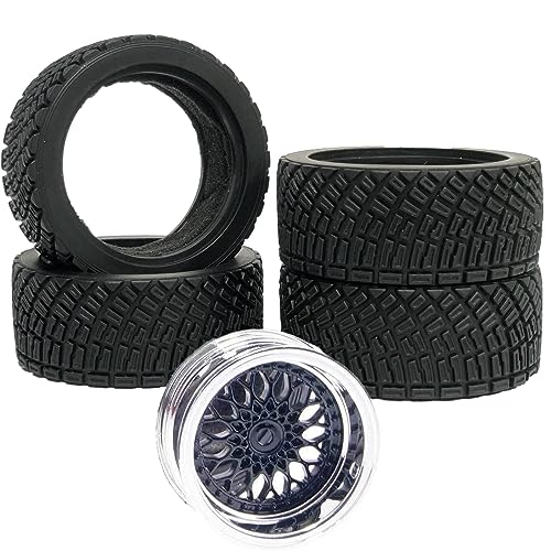 4PCS 65mm RC Rally Car Rubber Tires and Plastic Plating Wheel Rims Set 12mm Hex for 1/10 RC On-Road Rally Drift Racing Car for HSP Tamiya Sakura HPI WR8 HSP TT02 WLtoys(Black Silver) - color: Black