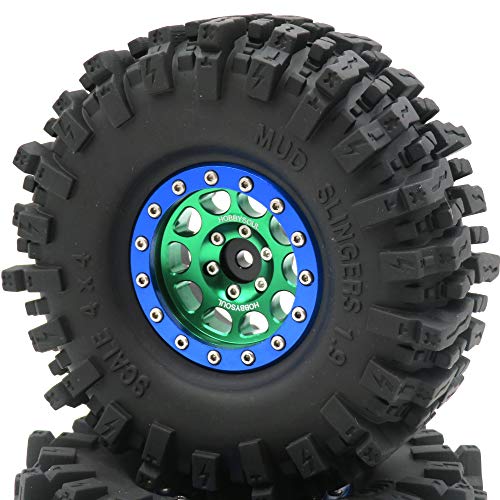 Soft Sticky 1.9 Mud Slingers Tires T8 Tyre 120mm/4.72inch & 1.9 Beadlock Wheels Green Blue Color For 1/10 Rock Crawler Traxxas TRX4 Axial SCX10 Redcat Gen8, (4-Pack) - color: Green & Blue
