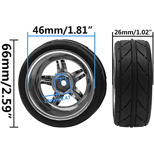 2.59in Rubber Tires & 12mm Hex Plastic Wheel Rims Set Compatible with Traxxas Kyosho HPI Tamiya Associated 1/10 RC On-Road Touring Car (Blue)