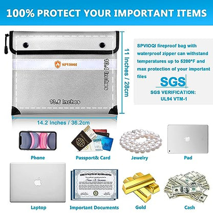Upgraded Fireproof Document Bag 5200°F, 14.2” X 11” Waterproof Fireproof Bags with Zipper, 8 Layers of Heat Insulated Materials, Fireproof Money Bag for Cash, Documents and Valuables fire bags - color: Silver Gray, size: 14.2" x 11"