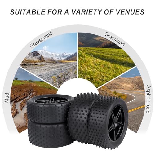 Hobbypark Pre-Glued 1/10 Buggy Wheels and Tires, Front (34mm Width) and Rear(42mm Width), Foam Inserts, 12mm Wheel Hex Hubs 4mm Axle Hole, Set of 4