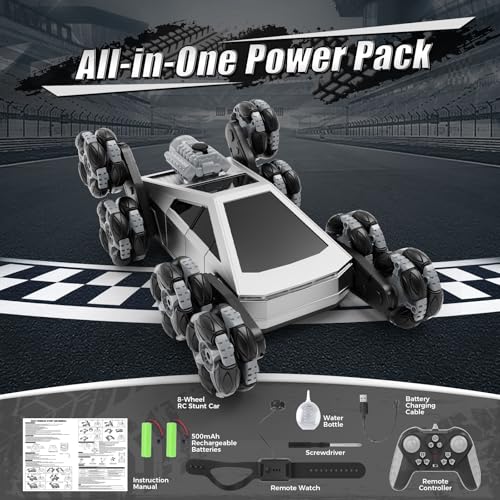 8 Wheel RC Stunt Car with Gesture Control, Spray & LED Lights, Gesture Sensing Remote Control Cars for Boys Age 6 7 8-12 13 14 Year Old, Christmas Birthday Gifts Ideas for Kids - color: Grey