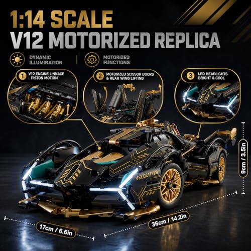 RC Car Building Kit, 1:14 App Control Car Kit with LEDs | car kit with 975 pieces, LED lights, motorized functions, and dual control; built for collection, display, gifting.