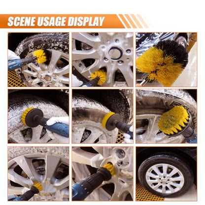 3PCS Car Detailing Drill Brush Set, Car Interior Power Scrubber Brush, Wheel Cleaner Drill Brush, Car Wash Cleaning Kit for Floor, Grout, Car Mats, Tub, Tile, Bathroom, Carpet (Yellow) - color: Yellow