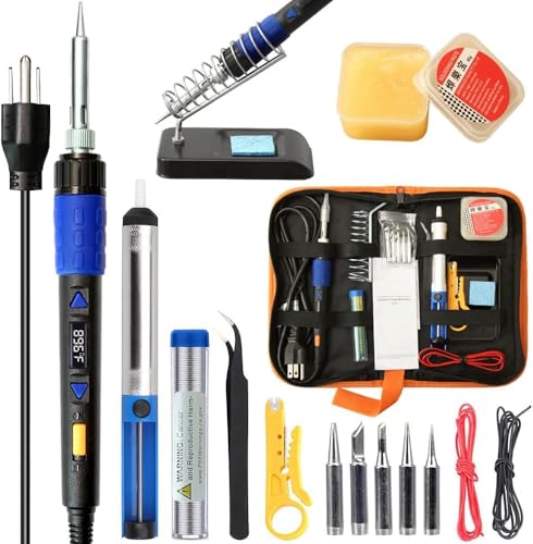 110W Electronics Soldering Iron Kit - LCD Digital Soldering Iron | Adjustable Temperature, Wire & Cutter, Stand, Soldering Iron Tips, Desoldering Pump, Solder, Tweezers, Soldering Flux Paste - color: Blue