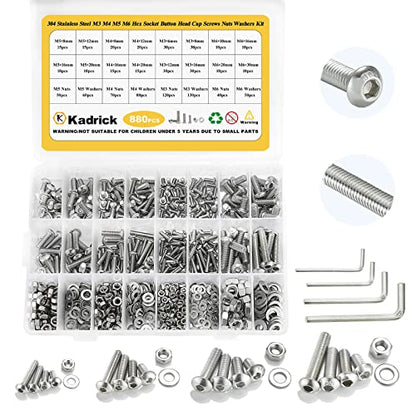 Kadrick 340 Stainless Steel Screws,880 Pcs Metric Screw Aassortment M6 M5 M4 M3,6mm-30mm Hex Socket Button Head Bolts Nuts Washers Kit with 4 Hex Wrenches - size: SS M3-M6 880Pcs