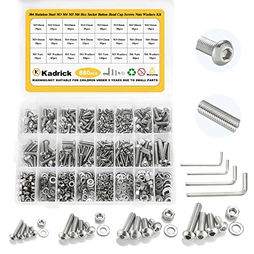 Kadrick 340 Stainless Steel Screws,880 Pcs Metric Screw Aassortment M6 M5 M4 M3,6mm-30mm Hex Socket Button Head Bolts Nuts Washers Kit with 4 Hex Wrenches - size: SS M3-M6 880Pcs